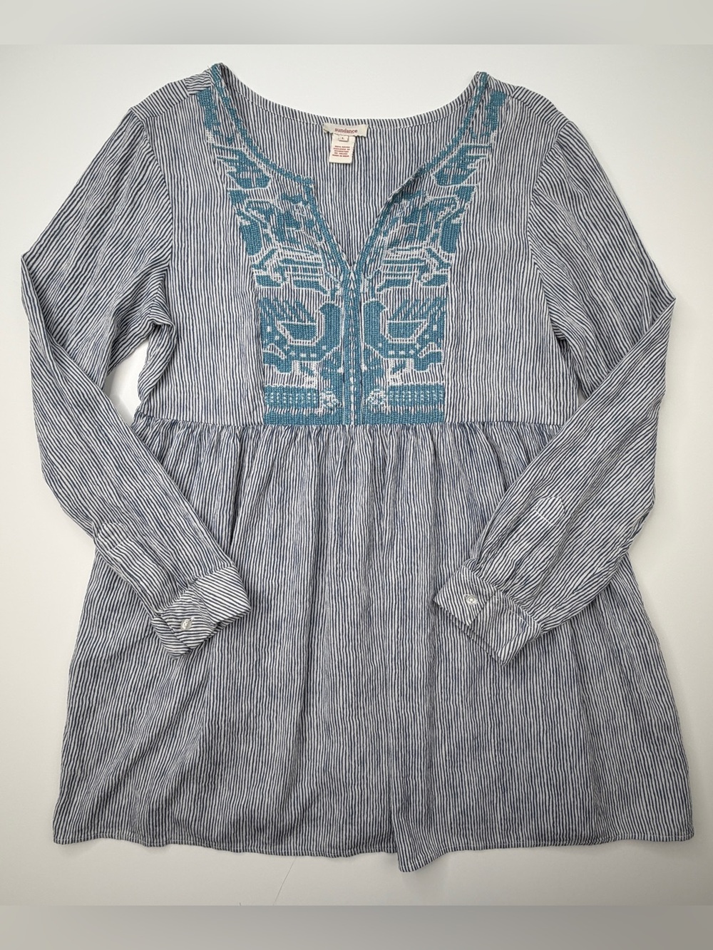 Sundance Navy and White Striped Tunic Dress Top with Teal Embroidery GUC Large L